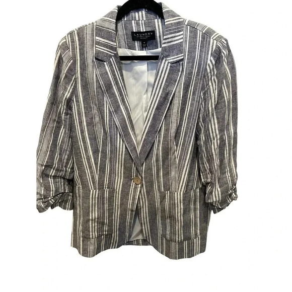 Laundry by Shelli Segal Gray & White Stripe Scrunched Sleeve Linen Blend Blazer - Picture 2 of 8